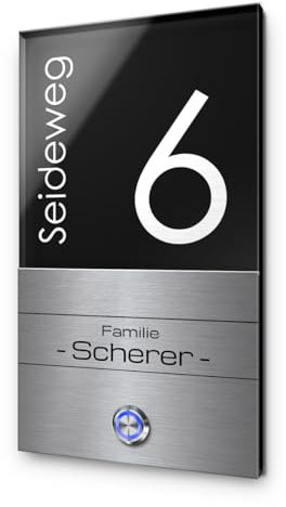 Türklingel mit Gravur LED-Klingelknopf und über 99 Motive 13x23 cm | Modell: Scherer-As | gravierte Klingel aus Hochglanz Acrylglas und Edelstahl Klingelschild