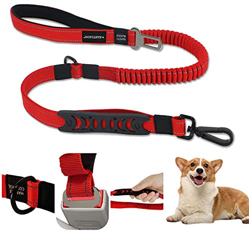 EASTLION Bungee Dog Lead Shock Absorbing Strong Dog Leash with Car Seat Belt,Two Padded Handle No Pull Reflective Traffic Control,Pet Elastic Rope for Small Medium Large Dogs,Red
