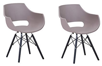 SAM 2er Set Schalenstuhl Lea, Taupe, ergonomisch geformte Sitzschale aus Kunststoff, bequemer Esszimmerstuhl im Retro-Design, schwarzes Holzgestell