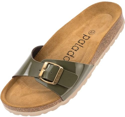 Palado Pantoletten Damen Malta Lack – gefertigt in Spanien – Glänzendes Obermaterial – EVA-Sohle – Veloursleder-Decksohle – Weichfußbett Khaki UK5,5 - EU38