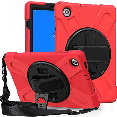 Funda Lenovo Tab M10 HD TB-X306X TB-X306F 10.1, Híbrido Tres Capas Funda Carcasa Protector con Correa de Bandolera/Correa de Mano, 360 Rotación Kickstand para Lenovo Tab M10 HD 10.1 (Rojo)