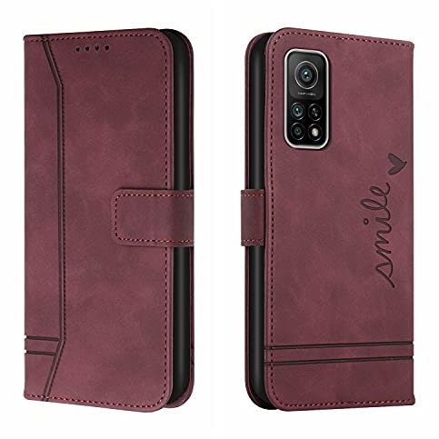 QIWEIQING Kompatibel mit Xiaomi Mi 10T Pro Hülle Leder, Klapphülle HandyHüllen Handytasche Case für Xiaomi Mi 10T, Flip Schutzhülle Flip Case für Xiaomi Mi 10T / Mi 10T Pro Red Wine HX