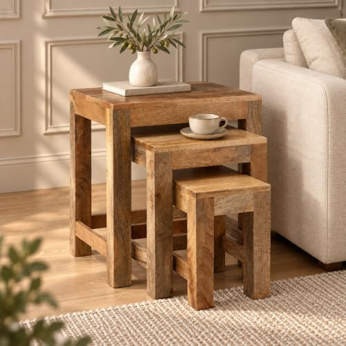 Elm home and garden Solid Mango Wood Nest Of 3 Tables, Light | End Side Lamp Table