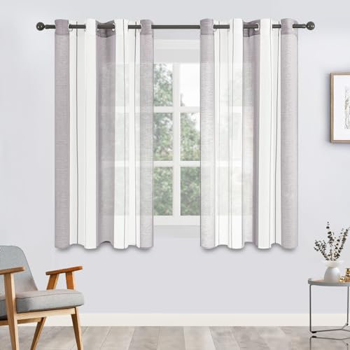 MRTREES Voile Gardinen Kurz Vorhang Halbtransparent Streifen Stores Schals mit Ösenschal Moderner Wohnstil Weiß+Grau 160×140cm (H×B) für Dekoration Kinderzimmer Wohnzimmer Schlafzimmer 2er-Set