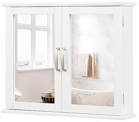 LIFEZEAL Spiegelschrank, Badezimmerschrank mit Spiegel, Badschrank mit 2 höhenverstellbaren Ablagen, Wandschrank mit Tür & Griff, Badspiegel Badmöbel Hängeschrank, 60x14x50cm, Weiß