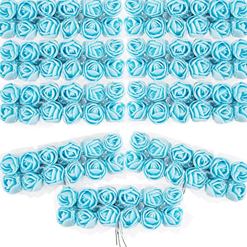 BETESSIN 144 STK. Künstliche Rosen Mini Schaumrosen mit Tüll Hellblau Deko Blumen Schaum mit Stiel 2cm Kunstrosen Köpfe DIY Rosenköpfe Künstlich zum Basteln Party Hochzeit Brautstrauß Geschenk