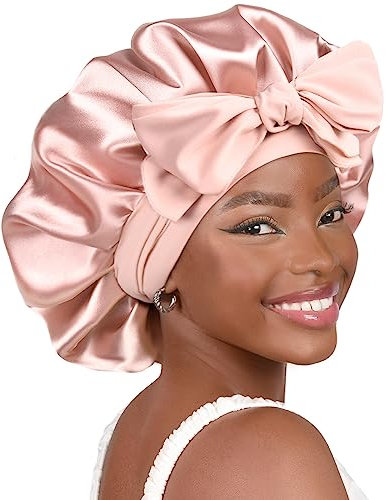 YANIBEST Seiden-Schlafmütze aus Satin für Schwarze Frauen und Männer für lockige Zöpfe, Rosa Röte, L