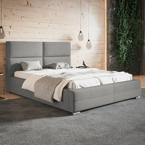MOTIVENA Malaga Polsterbett 120x200 mit Bettkasten, Bett 120x200 mit Stauraum, Bett Kopfteil Stoff, ohne Matratze, Bett Stoff, Polsterbett 120x200 Grau Hellgrau