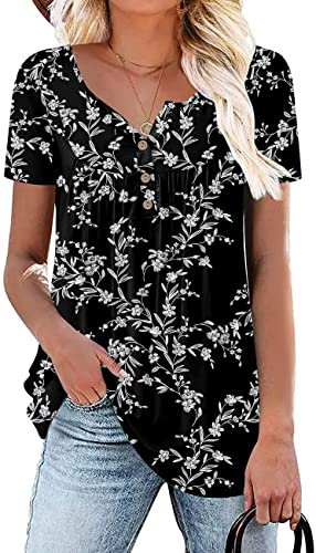 Aodemo Womens Summer Casual Tops Henley Short Sleeve Shirts Loose Fit Tunic Ladies Flowy Blouse L, Black Carving Flower