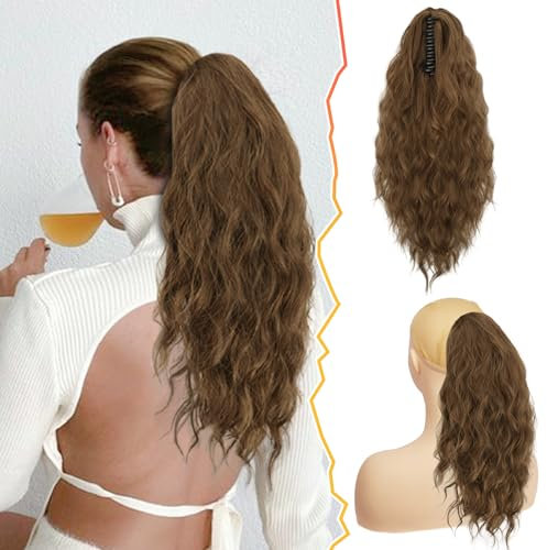 BARSDAR Extension de Queue de Cheval, 45CM Pince à Griffe Ondulée Extension de Queue de Cheval Synthétique Clip Faux Brun Cheveux Postiches pour Femmes Filles(Châtaigne & Chocolat Brun)