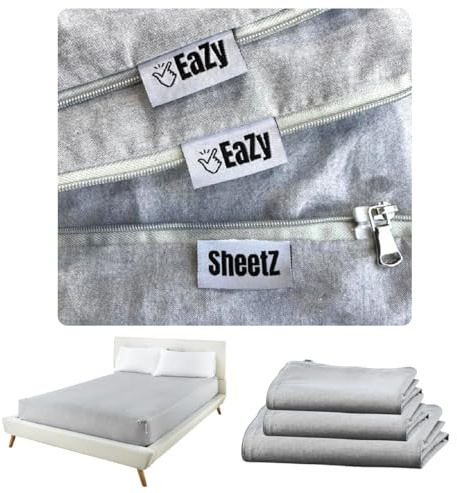 Eazy SheetZ™ STQ14G Spannbettlaken, die Nicht abspringen, Spannbettlaken, Spannbettlaken, Spannbettlaken, Spannbetttuch mit Reißverschluss, Grau (Grau), Queen-Size-Bett 60 x 80 x 14 cm, Standard