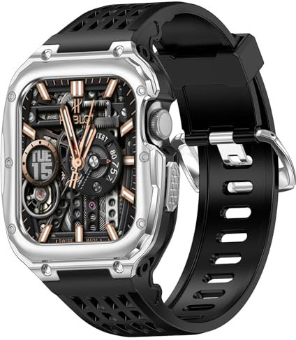 VISOOM Band mit Edelstahlgehäuse Kompatibel mit Apple Watch Armband 44mm 45mm, Herren Rugged TPU Sportarmband mit Schutzhülle iWatch Serie 9 8 7 SE2 SE 6 5 4, Schwarz Silber