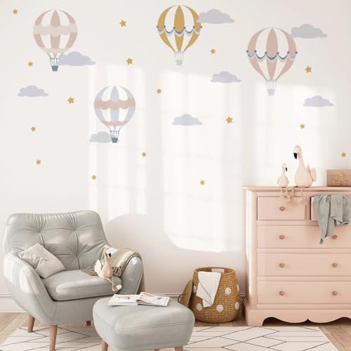 Mica-Mica Wandtattoo Kinderzimmer Mädchen - Heißluftballons (Altrosa/Senf) | Hochwertige Stoff-Wandtattoos | 100% PVC-frei | Nachhaltige Wanddeko, Wandaufkleber & Wandsticker | Deko fürs Babyzimmer