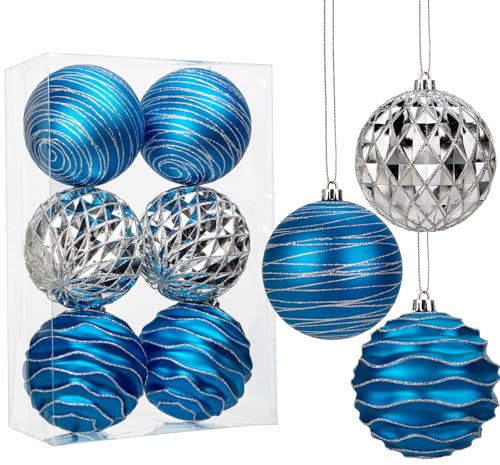 Hollyone Palline di Natale, 10 cm, 6 pezzi, decorazioni per albero di Natale, blu e argento, infrangibili, per decorazioni natalizie, palline di Natale con glitter per feste, Capodanno