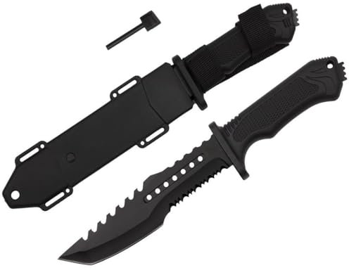 KS-11 Tanto Outdoor Messer mit feststehender Klinge incl. Holster und Feuerstahl ideal als Survival Messer - Bushcraft – Schnitzmesser - Gesamtlänge: 31cm