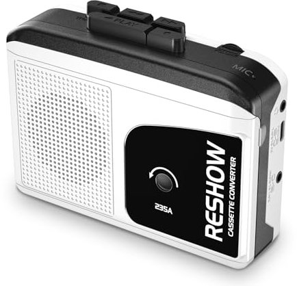 Reshow Walkman Cassette Player, Portable Cassette Tape Recorder, Audio Cassette to MP3 Converter with Earphone Jack, Reverse Recording to Tape, Built-in Microphone, Loud Speaker-White