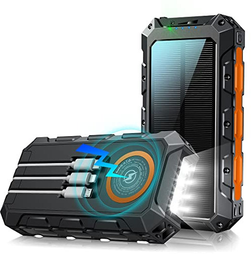 Power Bank 30000mAh, Wireless Power bank Portable Charger With 7 Output/2 Input, Solar Charger With LED Indicator Flashlight, External Battery Pack Fast Charging For Smart Phone Tablets (Orange)