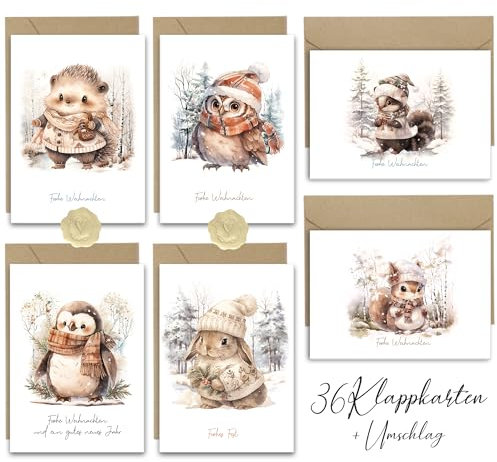 Weihnachtskarten 36 Premium Weihnachtskarten mit Umschlag Set - A6 Postkarten mit Tierisch Schön, Kleine Weihnachtskarten für Kinder Merry Christmas Cards Grußkarten Weihnachten Hase Eule Eichhörnchen