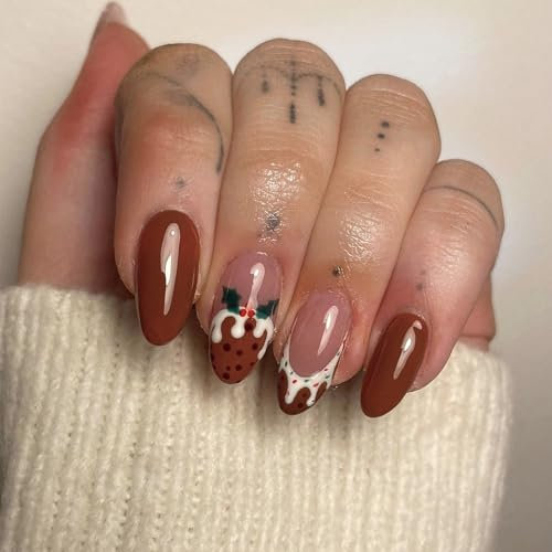 Christmas French Tip False Nails - 24pcs Almond Press on Nails - Medium Length Fake Nails with Glue - Stick on Nails with Deer Design - Winter Xmas False Nails for Women Girls Holiday Manicure