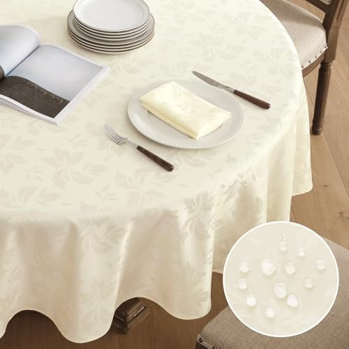 Romanstile Tischdecke rund 180 cm Creme Weihnachten abwaschbar Luxuriös Jacquard Blumen wasserabweisend Tischtuch Tafeltuch Table Cloth für Esstisch,Party,Weihnachtsdeko,Hochzeit,Küche,Garten,Winter