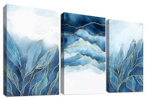 3Pcs Blau Aquarell Blattgold Mit Rahmen Leinwand Bilder Abstrakte Marineblau Neblige Berge Bild auf Leinwand Malerei Wandbilder Wohnzimmer Schlafzimmer Badezimmer Wanddeko 150x70cm (20x28x3)