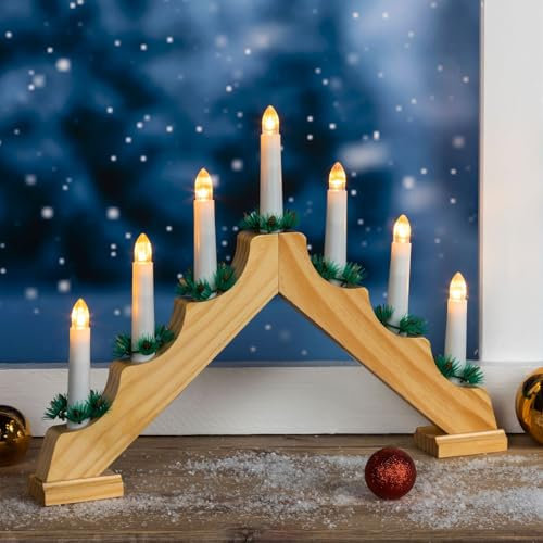 Gravidus Holz-Lichterbogen aus Kiefernholz, 7 warmweiße LED-Kerzen, Timer und EIN-/Ausschalter, batteriebetrieben, 39,5 x 4,5 x 32 cm, für Innen, Natur