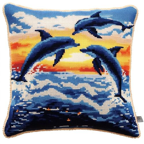 Kreuzstich Kissen Set Vorgedruckt, Delfine im Ozean Handstickerei Nähkissenbezug 45X45cm Stickpackung Stickset Kreuzstich Kissen zum Basteln Stickkissen Stickpackung