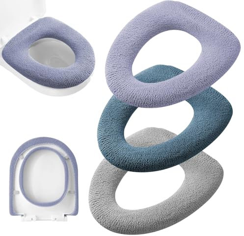 Guojanfon Bathroom Soft Thicker Warmer Stretchable Washable Cloth Toilet Seat Cover Pads, 3PCS (Light Purple, Dark Green, Gray)