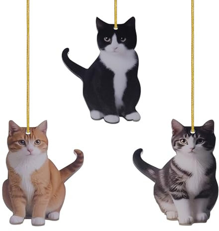 3 PCS 2D Cute Acrylic Christmas Cat Hanging Ornament Mini Xmas Tree Decoration Kit with String Craft Present Garden House Wreath Table Party Bag Outdoor Decor Girl Small Ideas Bauble DIY Accessory