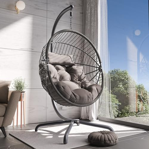 Swing Egg Chair, Rattan Hanging Egg Chair with Cushion, Foldable Egg Chair Outdoor Indoor, Garden Patio Hammock Chair with Stand & Adjustable Height, 160 Kg Weight Capacity