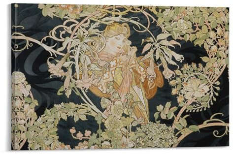 Alphonse Mucha Poster auf Leinwand, Motiv: schöne Frau mit Blumen auf Schwarz, modernes Familiendekor, Poster, 50 x 75 cm