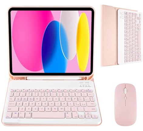Nsyee Custodia con Tastiera e Mouse per iPad 11a Generazione (A16) 11 Pollici 2025, 10a Gene 10,9 Pollici 2022, Tastiera Wireless Bluetooth Rimovibile per IPad 11th 10th Gen, Italiano QWERTY-Rosa