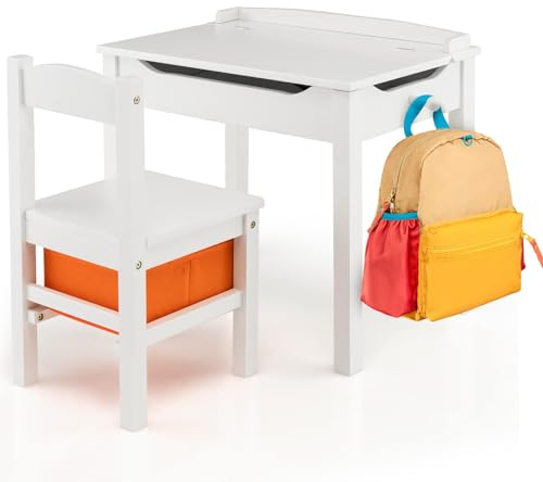 COSTWAY Kindertisch mit Stuhl, Kindersitzgruppe aus Massivholz mit klappbarer Tischplatte & Stauraum, Kinder Tisch Stuhl Set mit Stoffbox & Haken für Kinder ab 3 Jahren (Weiß)