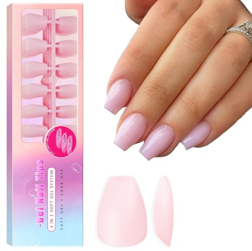 SXVME Soft Pre-Colored Acrylic Nail Tips, Pink False Nails Short Coffin, Solid Color Matte Gel Press on Nails Short Ballerina Full Cover Artificial Fake Nail Extensions for Women DIY 300 Pcs
