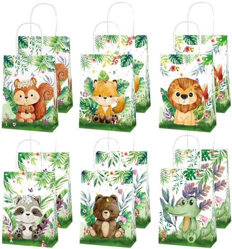 Disnace 12 Stück Dschungel Safari Party Taschen, Dschungel Tiere Papiertüten mit Henkel, Wildtierdesign Geschenk Tüten Geburtstag Tüten Wild One Geburtstag Deko für Kindergeburtstag Party (12 Tiere)