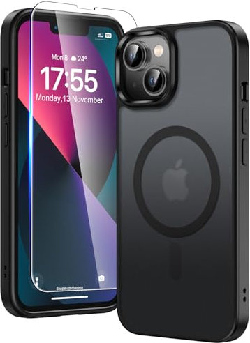 TAURI Funda Magnética para iPhone 13/iPhone 14 (Compatible con MagSafe) con Protectores de Pantalla de Vidrio Templado, Carcasa Rígida Anticaídas, Negro Opaco