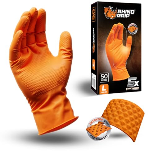 RHINO GRIP Nitrile Gloves - Disposable Gloves, Diamond Grip Orange Gloves - Powder-free & Latex Free Nitrile Gloves, Extra Thick & Ultra Tough Gloves (1, Medium)