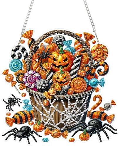 DOMROM Halloween Diamond Art Painting Anhänger, Kürbis Diamond Painting Fensterbilder, Süßigkeiten Diamond Painting Hängende Ornament für Kinder Erwachsene Diamant Malerei Basteln Tür Fenster Deko