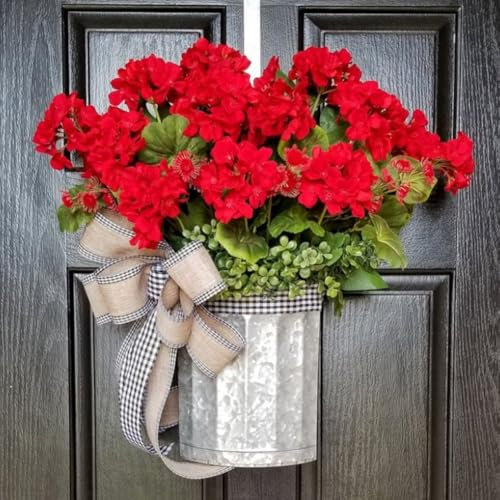 HomeVortex Cesta colgante artificial de geranio rojo, corona de flores decorativas para montaje en pared, para interiores y exteriores, jardín, porche, decoración