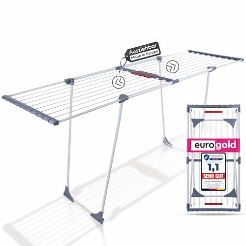 EUROGOLD® Wäscheständer ausziehbar [20M TROCKENLÄNGE] - PremiumWäscheständer Trockner - Extra Stabiler ausziehbarerWäscheständer (Made in EU) - WäscheständerBalkon/Garten - Clothes Drying Rack