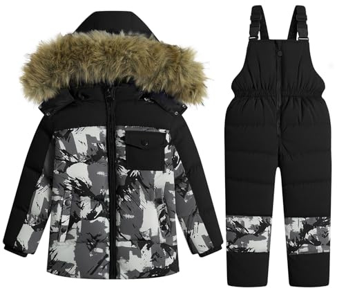 JiAmy Kids 2-Piece Snowsuit Winter Puffer Jacket and Snow Pants Ultralight Skisuit Set Black With Camouflage 6-7 Years