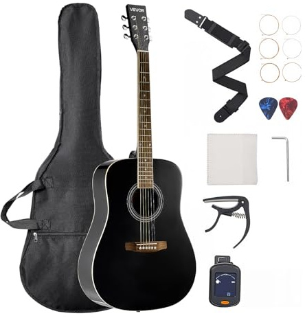 VEVOR Guitare Acoustique Dreadnought 6 Cordes, 103 cm, Table en Épicéa Massif Noir, Fond en Acajou, Touche Palissandre, avec Sac à Dos Portable, Accordeur, Sangle, Médiators, Capodastre, pour Adultes