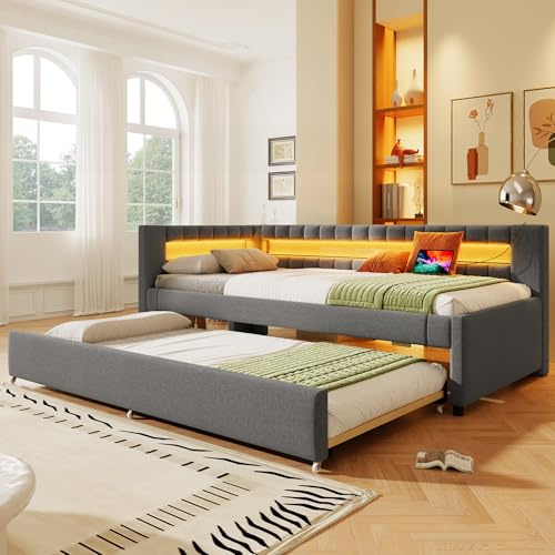 RIAZOS Polsterbett Schlafsofa 90x200, Daybett Tagesbett mit Ausziehbett, Einzelbett mit LED USB Typ C Ladefunktion, Kinderbett Jugendbett Gästebett, Leinen, Grau, ohne Matratze