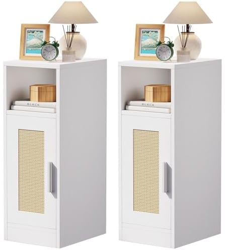 IBUYKE Rattan Nachttisch 2er Set,Schmal Beistelltisch,weiß WNS012W-2 | Kleiner Nachtschrank mit Offenes Regal und Magnetische Türen,Platzsparend,für Schlafzimmer, Wohnzimmer,Arbeitszimmer