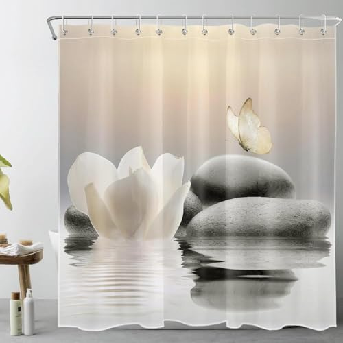 Rideau Douche Anti Moisissure Spa Zen en Pierre 3D Rideau de Douche 90x200cm Lavable en Machine Fleurs Beiges Rideaux Baignoire Tissu Polyester Imperméablee avec 8 Crochets C.2297