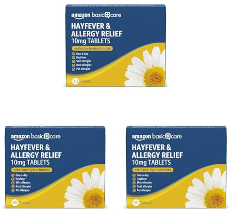 Amazon Basic Care Hayfever & Allergy Relief 10mg Tablets, Cetirizine Hydrochloride, 30 Tablets (Pack of 3) - Effective Relief from Hayfever, Skin Allergies, Dust Allergies and Pet Allergies
