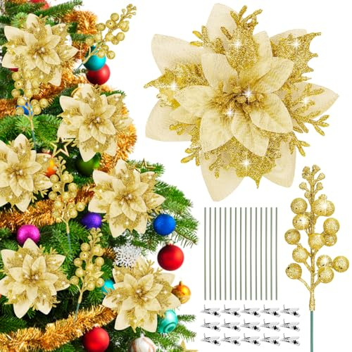 SelfTek 30 Pcs Gold Christmas Tree Decorations - 15 Pcs Poinsettia Artificial Flowers and 15 Pcs Glitter Holly Berry Stem for DIY Xmas Tree Christmas Wreath Garland Decorations, Gold