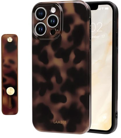 NITITOP for iPhone 13 Pro Max Case Leopard Kickstand, Dark Brown | for Women Girls Men, Cute Amber Tortoise Design, with Wrist Adjustable Hand Strap, Soft TPU Cover, Full Camera Protection
