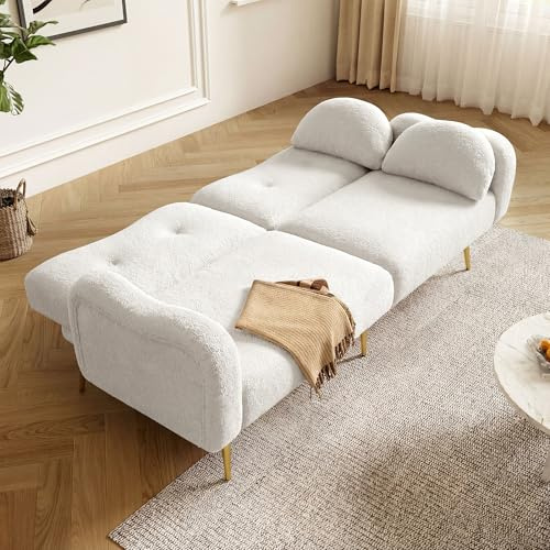 OKMYHOME Canapé Droit Convertible 2 Places avec Dossier 3 Positions et Revêtement Laine d'agneau - Pieds en Métal - Blanc