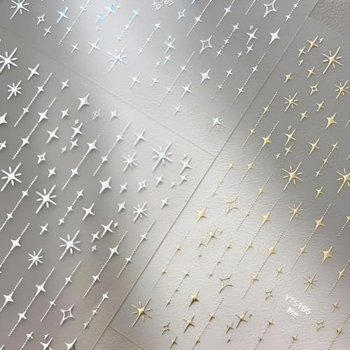 VelvetGlow 3 Sheets Star Nail Stickers for Nail Art 5D Embossed White Nail Decals Silver Gold Star Nail Art Stickers Shiny Nail Deisgn Nail Art Supplies for Women Girls DIY Manicure Decorations